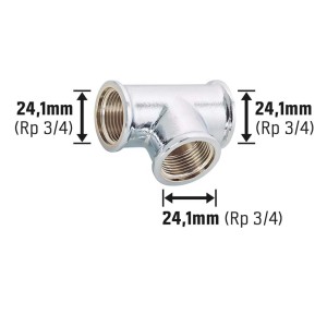 Raccordo a T filettato in ottone cromato 24,1 mm (Rp 3/4) per impianti di riscaldamento e acqua potabile.