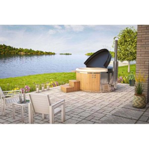 Bain nordique Finntherm Stockholm Thermoholz avec jacuzzi, Ø 200 cm, poêle VA et minibar dans le jardin.
