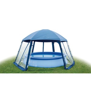 Abri de piscine bleu pour protection contre les intempéries, avec parois latérales transparentes.