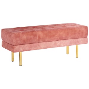 Banquette Roseville en velours rose avec capitonnage et pieds dorés. Tabouret élégant pour salon et chambre.