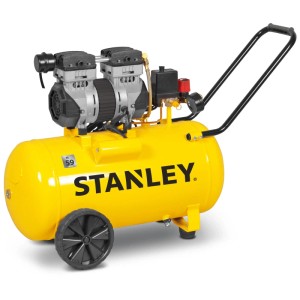 Compresseur Stanley SXCMS1350 Silent jaune sans huile avec cuve de 50 l et roues de transport.
