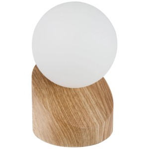 Globo LED-Tischleuchte Alisa mit Holzoptik und opalweißem Glas.
