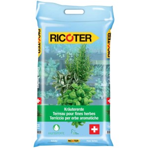 Sac de terreau biologique pour herbes aromatiques Ricoter 15L avec motif d'herbes, adapté aux pots, jardins et semis.