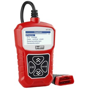 Dispositivo diagnostico guasti OBD II rosso con display per test elettrici auto.