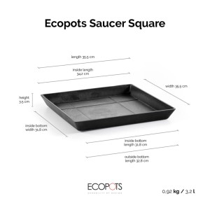 Sottovaso quadrato Ecopots grigio scuro, 35,5 cm, per interni ed esterni.