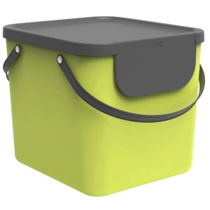 Limegrüner Rotho Albula Recycling-Mülleimer, 40 l, mit grauem Deckel und Griffen.