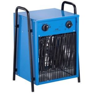Termoventilatore elettrico blu Alduro 9kW con termostato e telaio di trasporto per cantieri e officine.