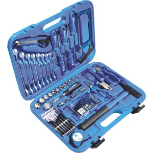 Boîte à outils LUX Classic WZK-54 A bleue ouverte avec assortiment d'outils.