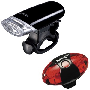 Kit d'éclairage vélo Infini Luxo I-1205, noir, avec lumière avant et arrière.