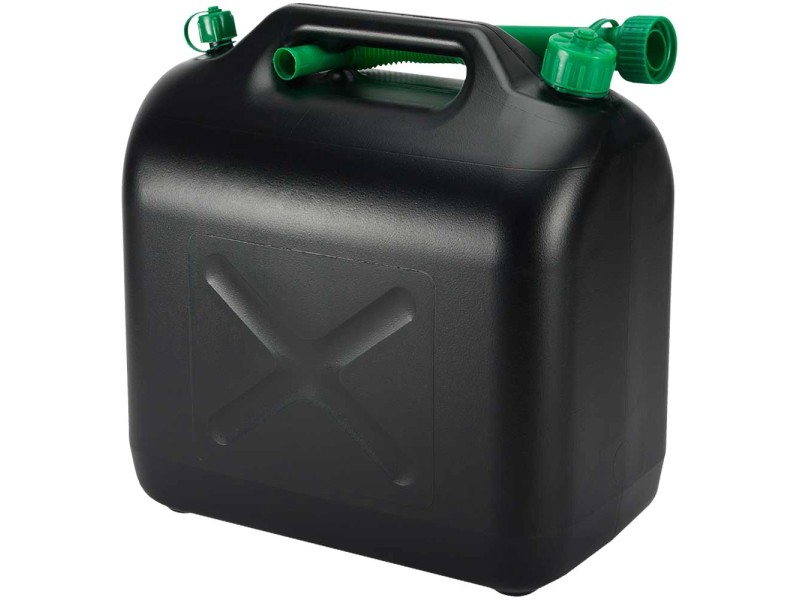 4x bidons d'essence 20L noir plastique avec tuyau de remplissage vert,  homologation UN