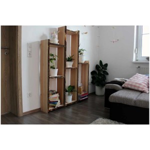 Massivholz Regalböden aus Douglasie mit Baumkante im Wohnzimmer.