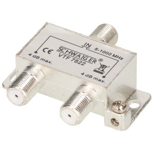 Répartiteur d'antenne Schwaiger 2 voies, 4 dB, argenté, pour une réception optimale.