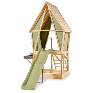 Maisonnette en bois Exit Toys Yuki 550 avec toboggan, bac à sable et cuisine de boue.