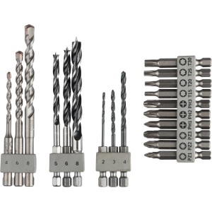 Set punte Bosch Uneo, 19 pezzi: punte per pietra, legno, metallo e inserti per avvitatura.