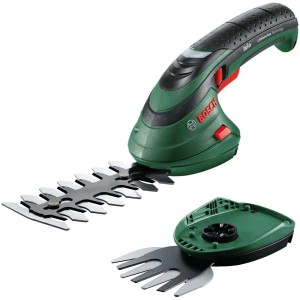 Set de cisailles à gazon et à arbustes sans fil Bosch Isio avec gants, lames et chargeur.