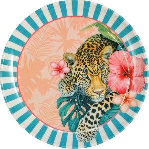Assiette à gâteau en mélamine, Ø 25cm, avec motif léopard et fleurs tropicales. Vaisselle polyvalente.
