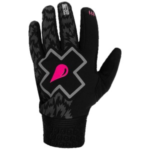 Muc Off Winterhandschuh, schwarz-grau, Gr. L. Fahrradhandschuh mit pinkem Logo und Touchscreen-Fingern.