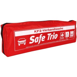 Kit di pronto soccorso rosso con triangolo di emergenza e gilet per auto.
