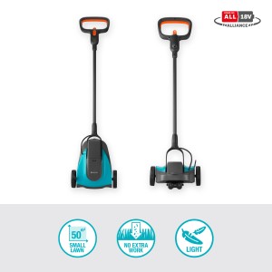 Gardena HandyMower tagliaerba a batteria, blu/grigio, con batteria e caricabatterie. Agile e leggero per piccoli giardini.