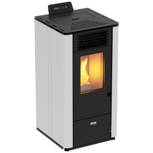 Poêle à granulés Ecofox Fenice blanc, 6,9 kW. Poêle à granulés moderne avec flamme et revêtement en métal blanc.