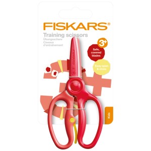 Rote Fiskars Übungsschere für Kinder ab 3 Jahren mit Kunststoffummantelung und Übungshebel.