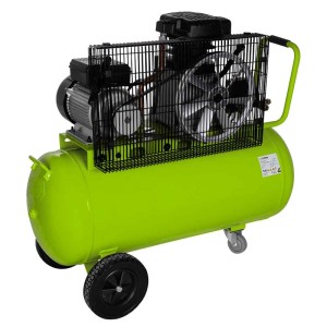Compresseur Zipper ZI-COM90-10 vert-noir, à courroie, avec réservoir 90 litres et roues pour atelier.