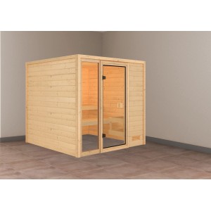 Karibu Sauna Jutta Naturale: Sauna in legno massello con porta in vetro e due panche in legno di pioppo.