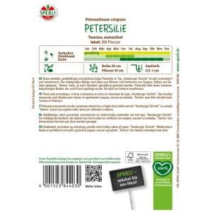 Confezione di semi di prezzemolo Sperli Tamino, a foglia liscia, adatta per piena terra e coltura in vaso.