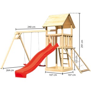 Tour de jeu Karibu Lotti avec balançoire double, rampe filet et toboggan rouge en bois naturel.