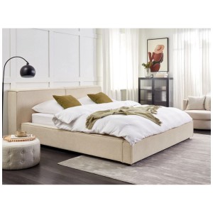 Letto in velluto a coste beige con rete a doghe (230x242 cm) in camera da letto.