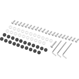 Kit di montaggio per mobili da balcone: viti, rondelle, tappi e chiavi a brugola.