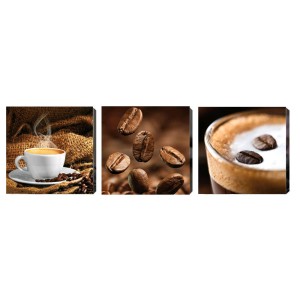 Set di 3 quadri su tela "Coffee", 30x30 cm: tazza di caffè, chicchi di caffè e bevanda al caffè.