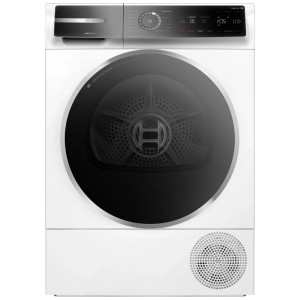 Bosch Wärmepumpentrockner WQB246D1CH Serie 8, 9 kg, Frontansicht. Weißes Gehäuse mit schwarzer Tür.