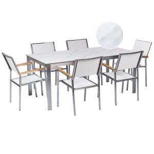 Set mobili da giardino Beliani 6 posti: tavolo con piano in vetro effetto marmo, 6 sedie in tessuto bianco, acciaio inox.