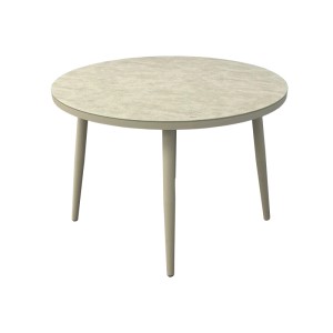 Runder, beige-grauer Greemotion Gartentisch Avola mit Keramikplatte und Aluminiumgestell, 108 cm Durchmesser.