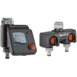 Centralina per irrigazione Gardena Select con distributore a 2 vie per irrigazione flessibile.