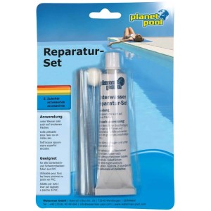 Kit de réparation Planet Pool pour liners PVC, incluant colle et bandes de film.