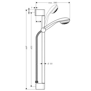 Schéma technique du set de douche Hansgrohe Crometta 85 avec barre de douche (65cm) et dimensions.