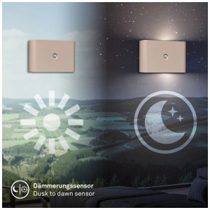 Applique murale sans fil Briloner Chet Beige avec détecteur crépusculaire, vue jour et nuit.