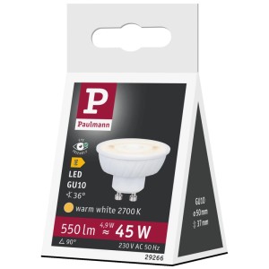 Paulmann LED-Reflektor Flat GU10 Leuchtmittel 4,9W, 550lm, warmweiss, auf Verpackung. Flache Bauform.
