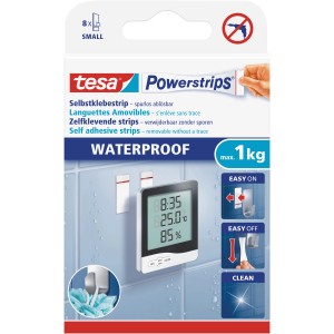 Crochets adhésifs Tesa Waterproof avec Powerstrips, idéal pour pièces humides, installation facile sans perçage.