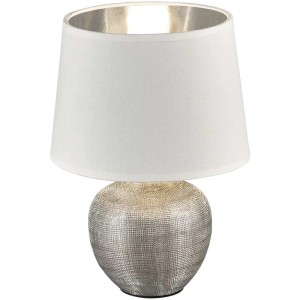 Lampada da tavolo Luxor, bianco-argento, Ø 18 cm, altezza 26 cm. Lampada da comodino con paralume in tessuto e base in ceramica.