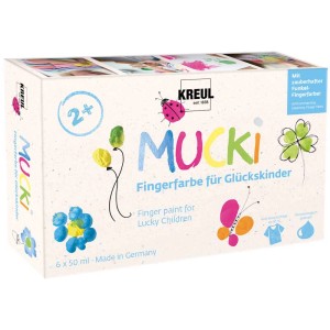 Kreul Mucki Fingerfarben 6er-Set, leuchtende Farben für Kinder ab 2 Jahren.