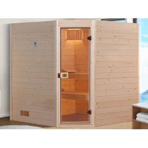 Sauna en bois massif Weka Valida ECK 2 avec porte en verre, madriers de 38 mm.