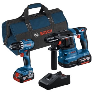 Set di elettroutensili a batteria Bosch Professional: trapano avvitatore, martello perforatore, 2 batterie, caricabatterie e borsa.