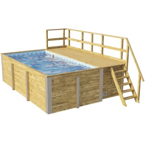 Piscine en bois Weka avec terrasse, liner mosaïque bleu, échelle et système de filtration.