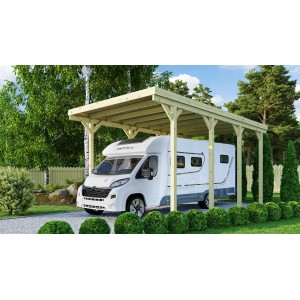 Karibu Caravan Carport mit Wohnmobil. Holzcarport mit 350 cm Durchfahrtshöhe.