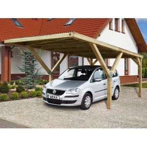 Carport singolo Weka con tetto in acciaio e auto. Carport a forma di Y per un facile parcheggio.