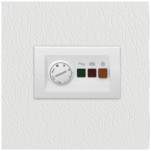 Panneau de commande blanc du congélateur coffre Beko GTM30041CH avec bouton rotatif et voyants lumineux.