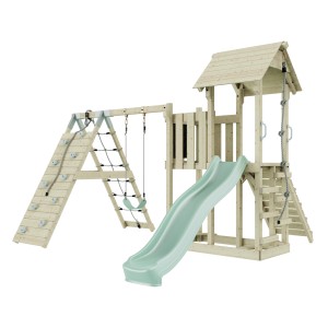 Altalena per bambini PolarPlay Farö verde menta con torre giochi, scivolo, parete da arrampicata e altalena.